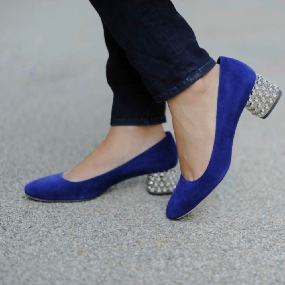 MIU MIU Cobalt 100% Suede Fashion 2.125" Silver Jewel Covered Heel Pumps  Sz 40